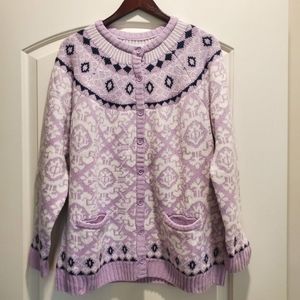 National Vintage Sweater XL Lavender Purple White Navy Fair Isle Cardigan Pocket